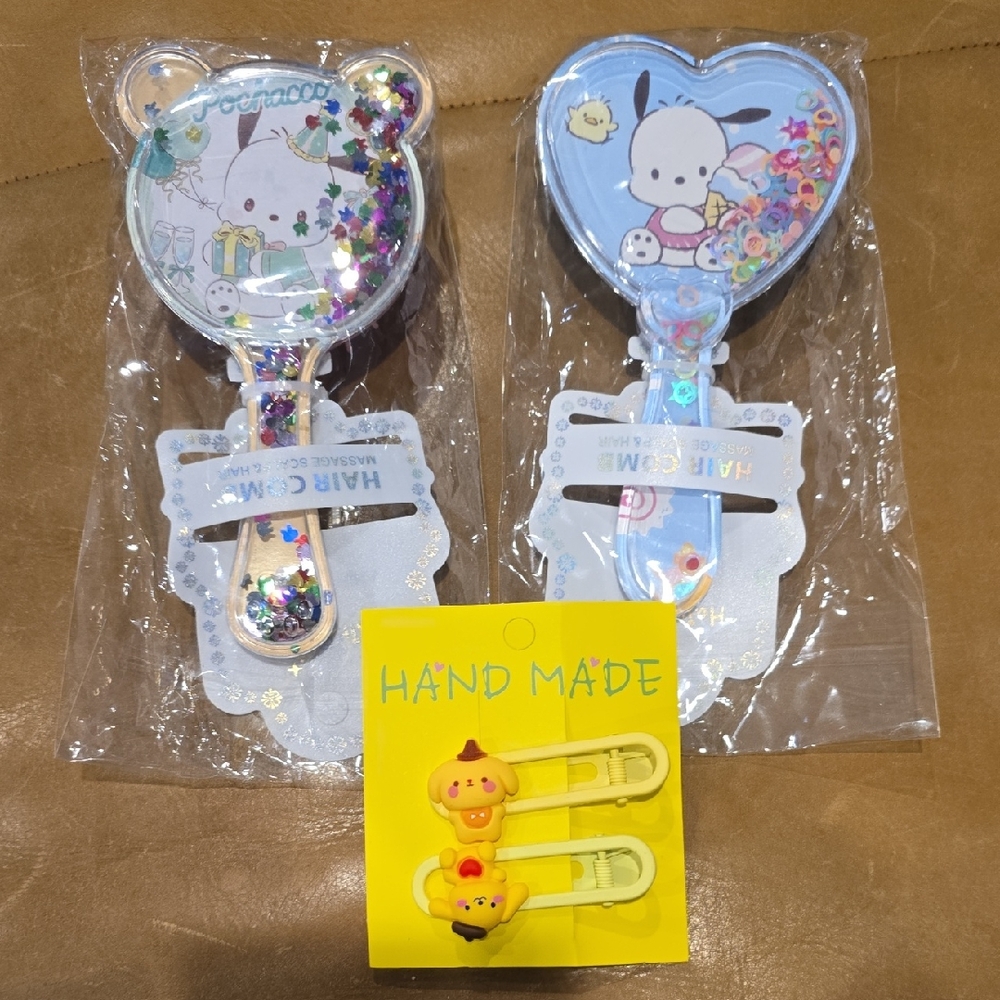 Sanrio Inspired Pochaco Character Hairbrush and Clips Set